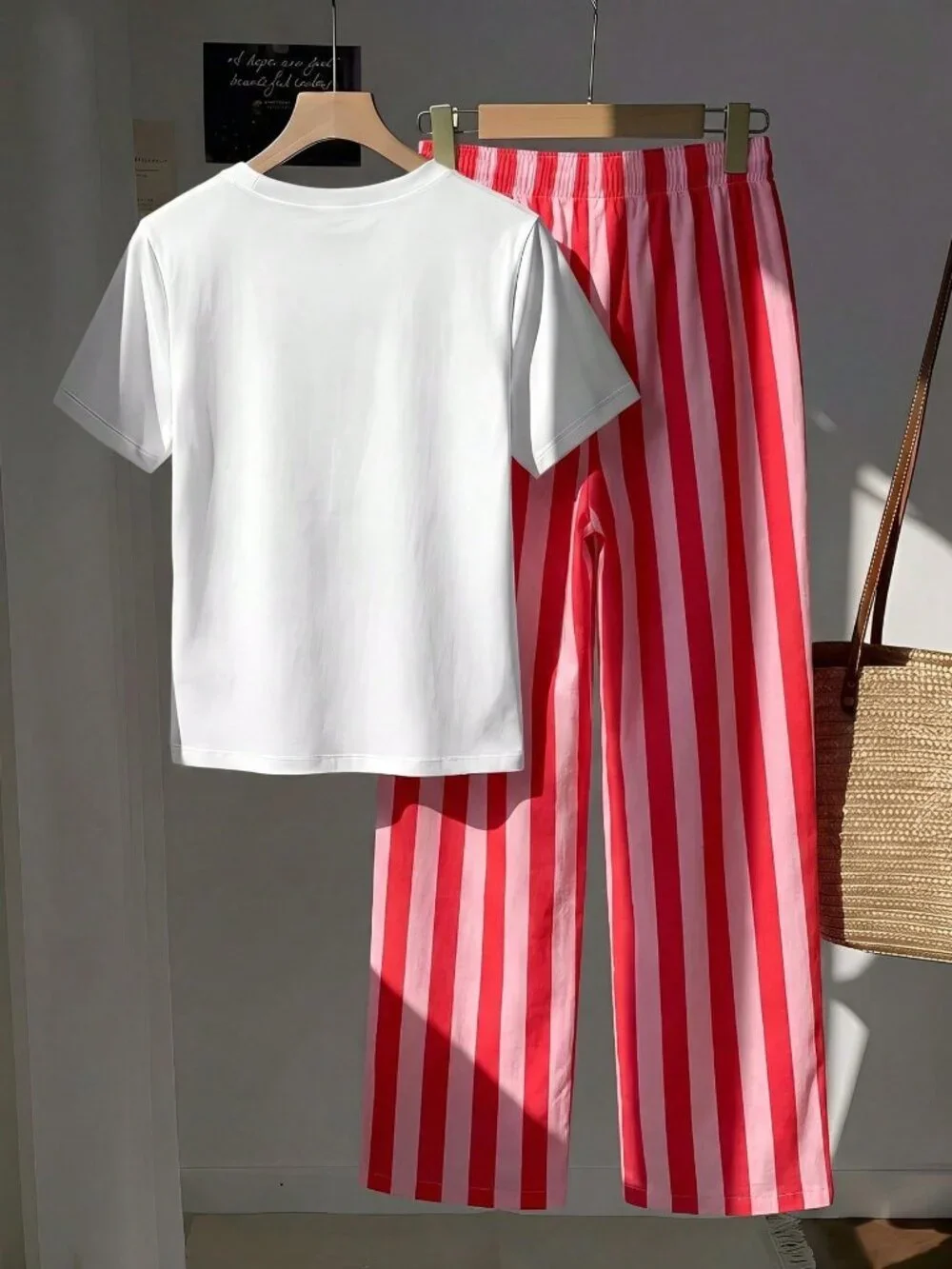 Multicolor Casual Women's Short Sleeve T-Shirt And Striped Pants Set